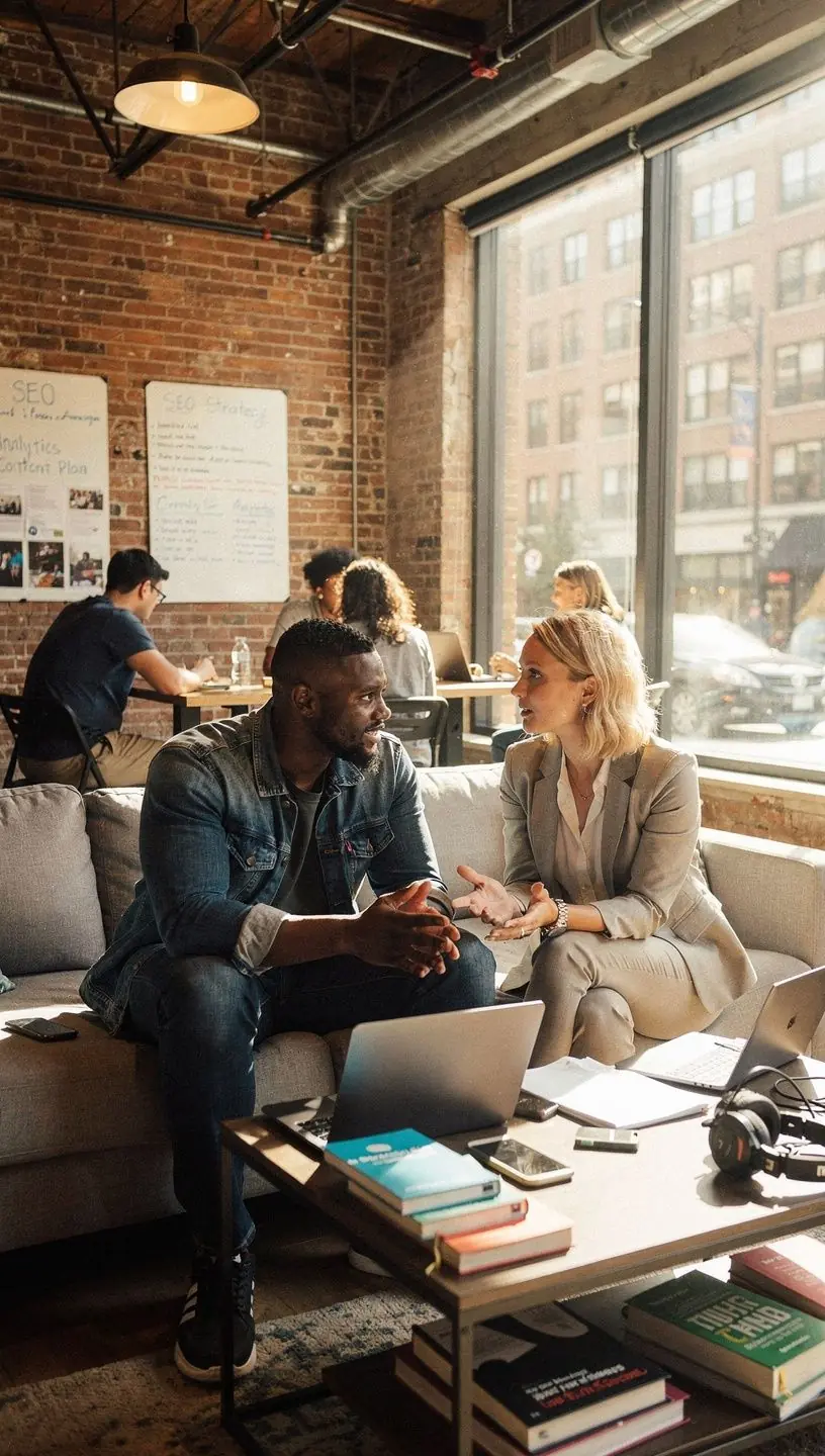 Freelancers collaborating on SEO strategies in shared office space.