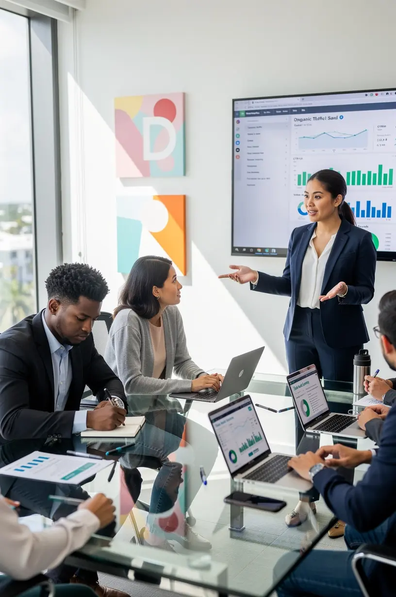 Freelancers using SEO tools in shared office space