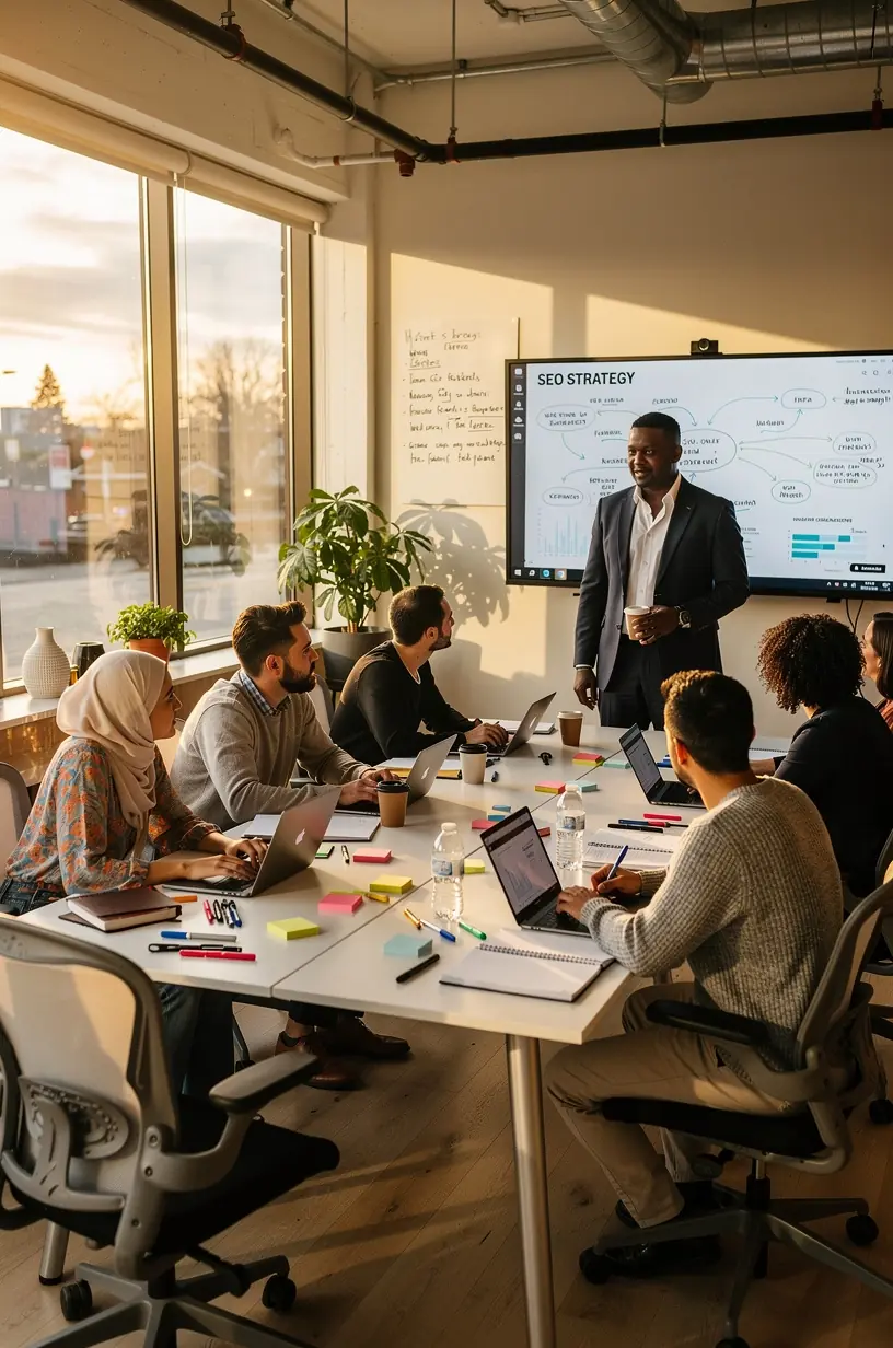 Freelance SEO consultation in a modern office space